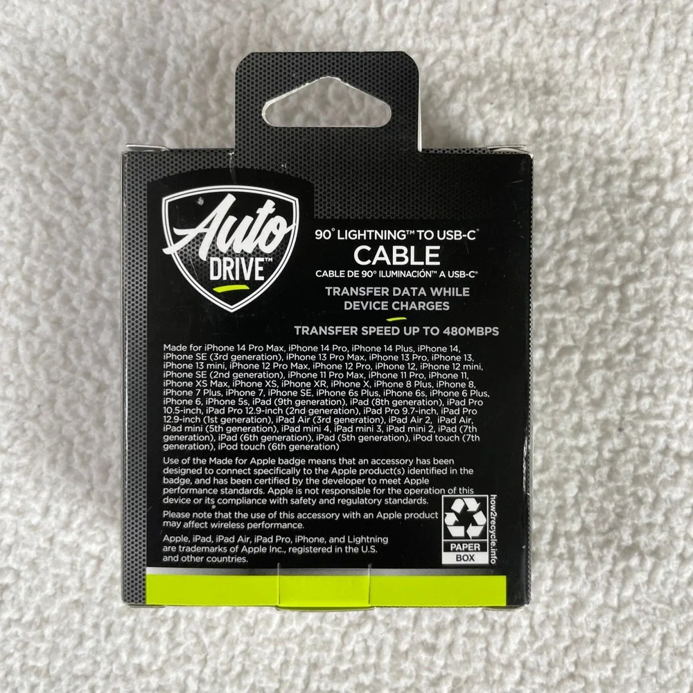 Auto Drive 6ft Charging Cable‎ Silver 90 Degree 8 pin connector to USB-C Braided